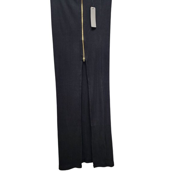 Haute Monde Black Ribbed Midi Skirt Front Zipper Detail Adjustable Slit Size M - Picture 10 of 13
